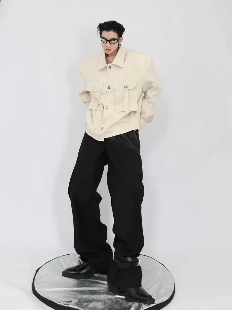 trendy high street jacket mens unisex metal button shoulder pad short coats multi pocket punk hip hop loose outwear oversized unique shorts style 3536
