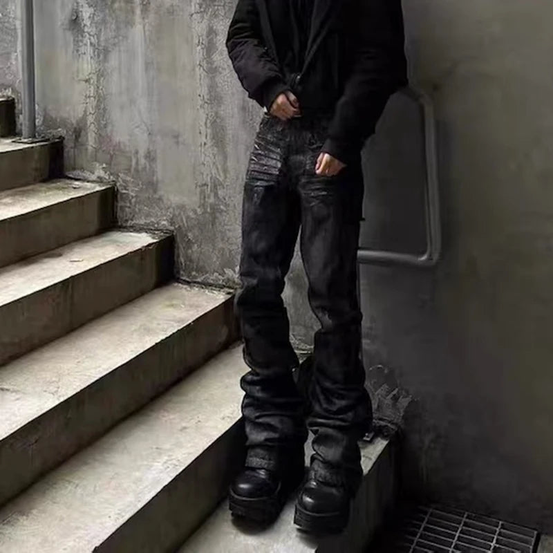 high street hand brushed glue sparkling baggy flare jeans for men y2k pantalones hombre leather pants oversized denim trousers 1 unique jeans style 5408