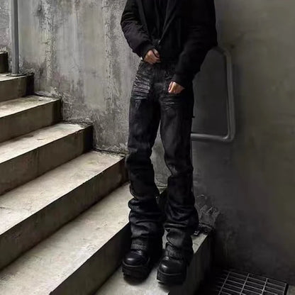 high street hand brushed glue sparkling baggy flare jeans for men y2k pantalones hombre leather pants oversized denim trousers 1 unique jeans style 5408