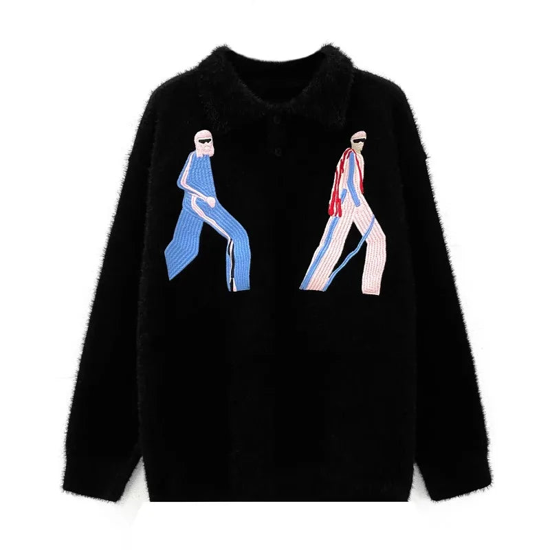 Korean Embroidery Lapel Sweater Mens Spring Street Trends Soft Seahorse Hair Loose Pullover Thickening Y2K Couple Knitwear New Street King Limited