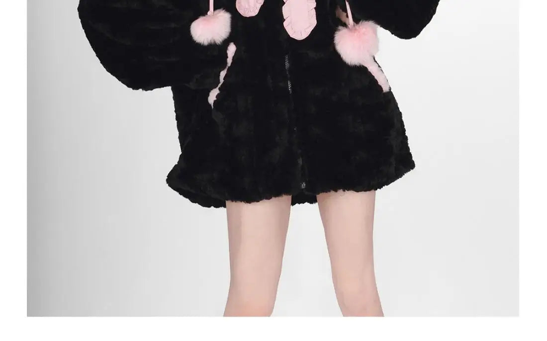Harajuku Little WildCat Hoodies Women Bodysuit Black Tie Bowknot Cute Loose Goth Coat Y2k Style Kawaii Winter Clothes Women Street King Limited