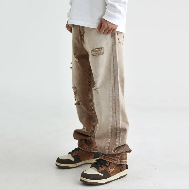 fashion denim jeans mens destoryed holes zipper straight jeans hip hop streetwear spring summer casual joggers jeans men pants sporty tapered joggers