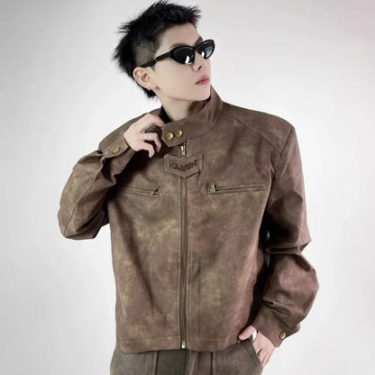 retro motorcycle pu leather jacket mens brown coffee short punk stand collar bomber coats spring high street racing suit new unique shorts style 3340