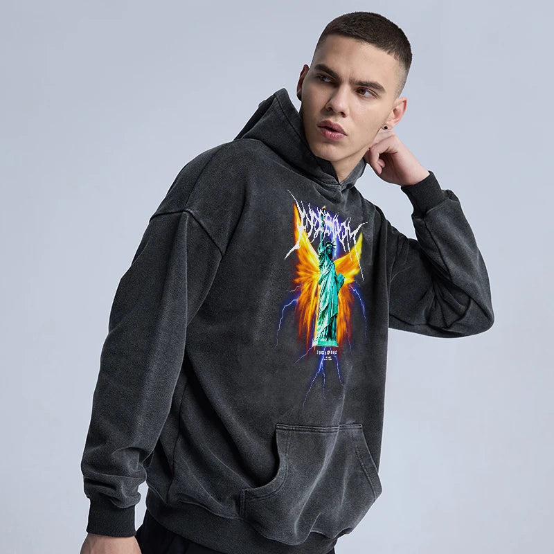 Rainbowtouches Washed Hoodie For Men Vintage Popular Stranger Hip Hop Winter Printing High Street Clothes Black Men's Clothing Street King Limited