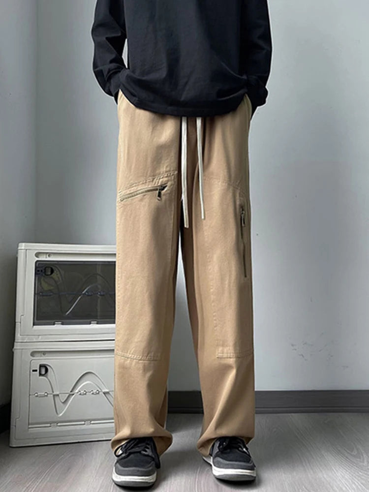 new korean fashion cargo straight pants for men autumn casual zipper pocket drawstring trousers classic tactical y2k pantalones 1 unique cargo style 237