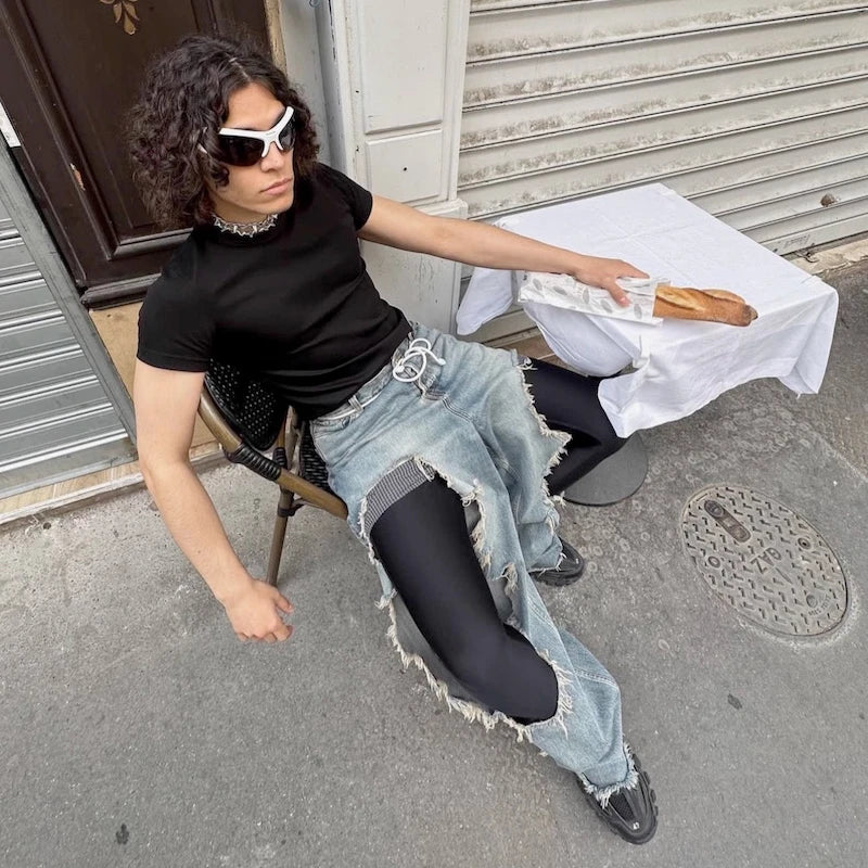 street wear retro hip hop distressed straight leg jeans vintage y2k tassel biker ripped denim pants mens washed destroyed jean unique jeans style 4390