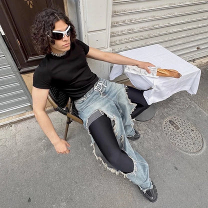 street wear retro hip hop distressed straight leg jeans vintage y2k tassel biker ripped denim pants mens washed destroyed jean unique jeans style 4390