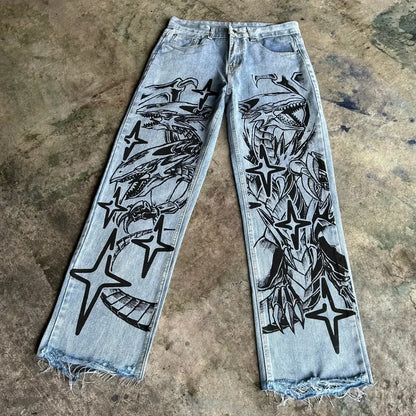 harajuku high street y2k baggy jeans punk popular print wide leg denim pants jeans streetwear trouser men clothing unique jeans style 1956