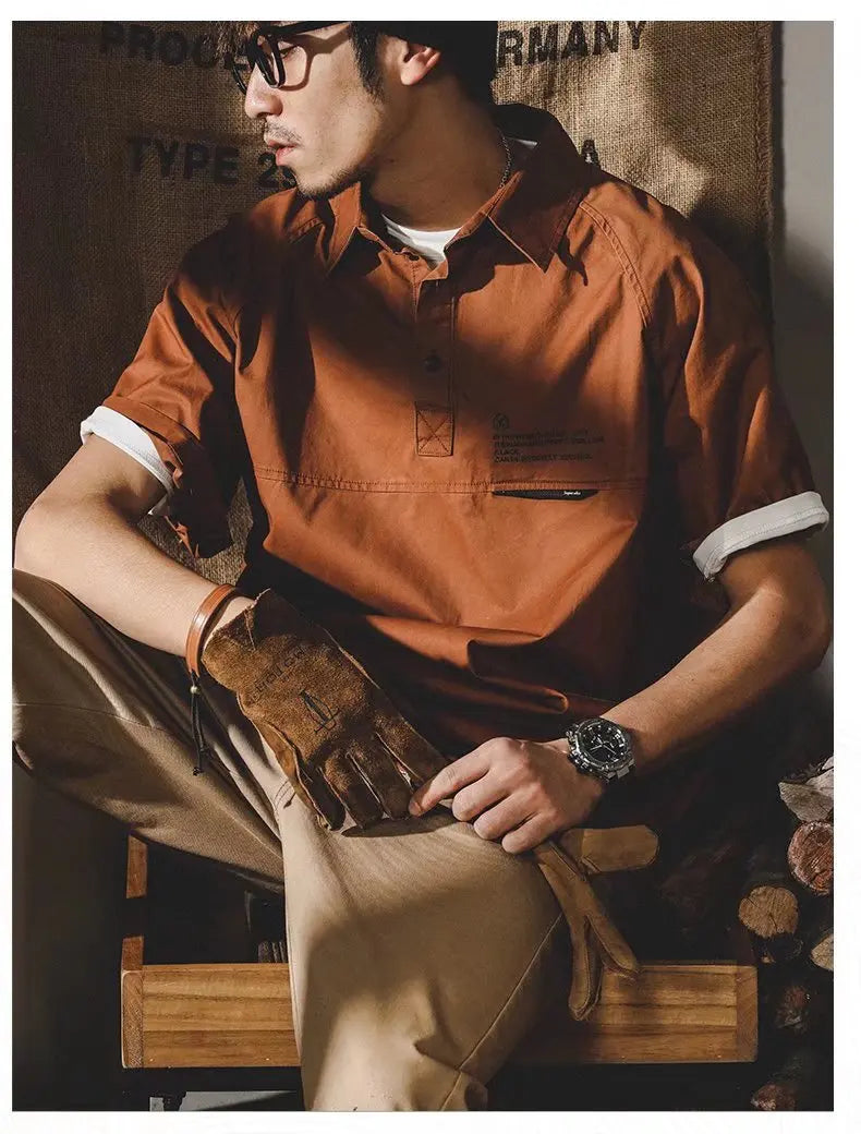 American Vintage Short-Sleeved T-Shirt Men's Summer Vintage Workwear Polo Shirt Loose And Versatile Five-Quarter Sleeve Top Street King Limited
