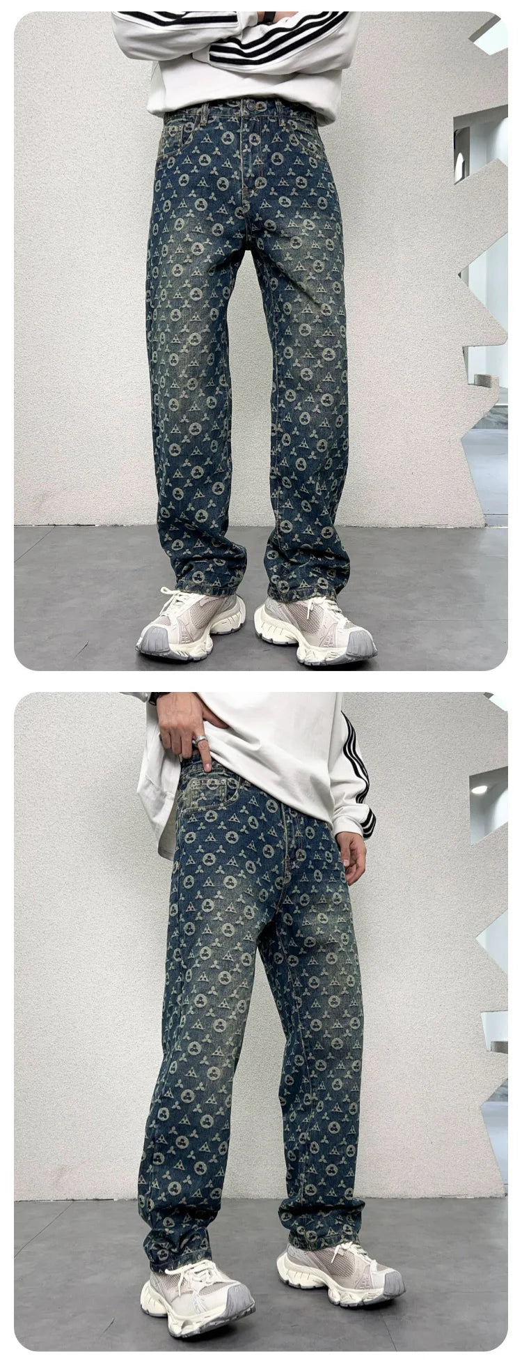 men jacquard streetwear hip hop vibe casual straight denim jeans pants boyfriend high street ripped jeans trousers unique jeans style 3017