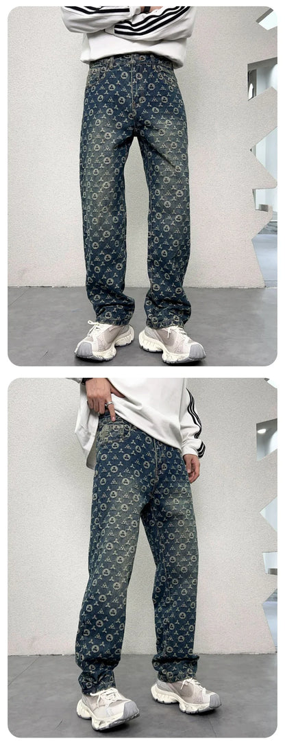 men jacquard streetwear hip hop vibe casual straight denim jeans pants boyfriend high street ripped jeans trousers unique jeans style 3017
