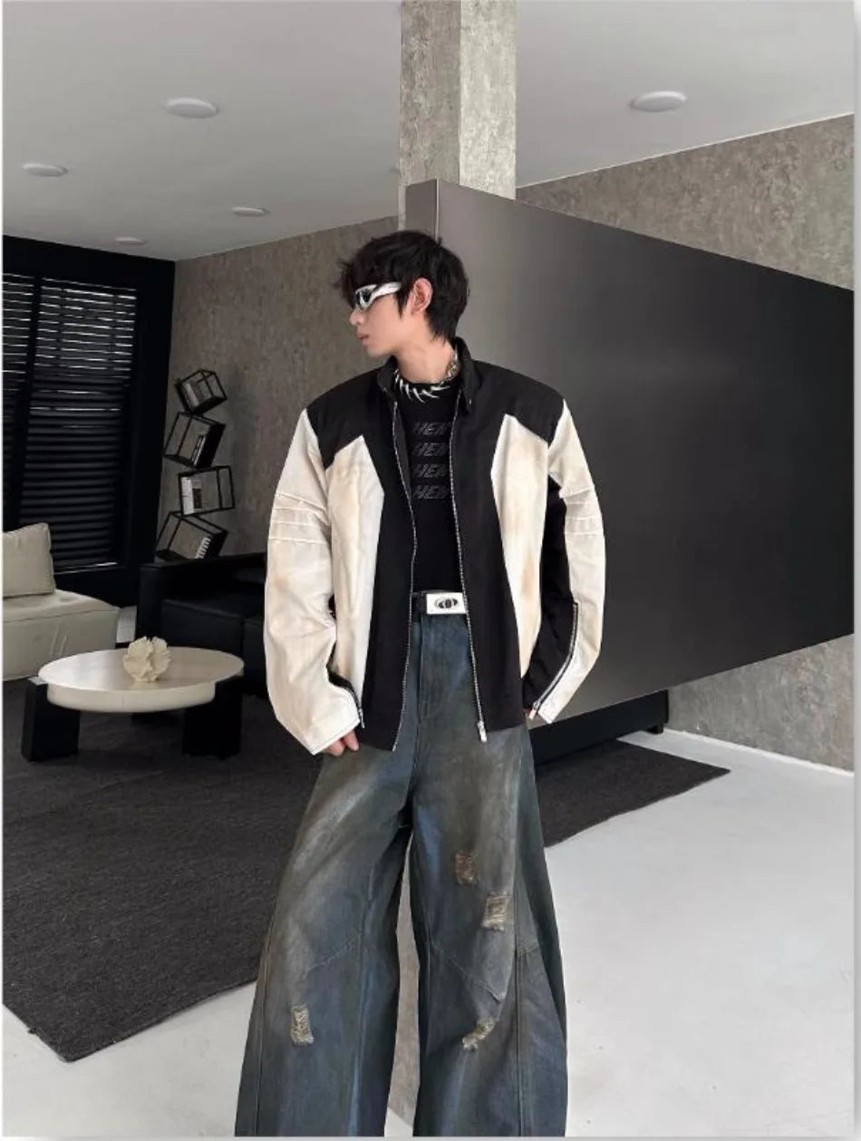 street american color block mens jacket 2024 new autumn zipper patchwork shoulder pads racing coats motorcycle windbreaker unique default style 3230