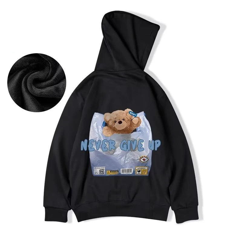 New Never Give Up Bear Printed Hoodies For Men Hip Hop Streetwear Pocket Pullover Sweatshirts Autumn Y2K Vintage Fleece Hoodie Street King Limited