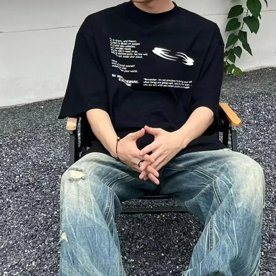 Korean personalized overlapping font printed T-shirt fashion y2k men and women loose hip hop street round neck half sleeved tops Street King Limited
