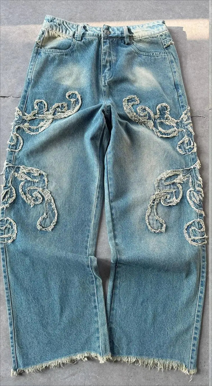 New American Fashion Line Embroidery Loose Versatile Jeans Men Street Hip-hop Retro Harajuku Y2K Straight Wide-leg Pants Women Street King Limited