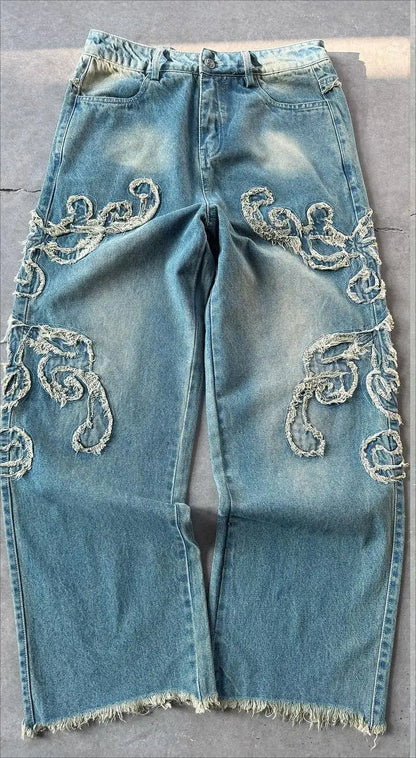 New American Fashion Line Embroidery Loose Versatile Jeans Men Street Hip-hop Retro Harajuku Y2K Straight Wide-leg Pants Women Street King Limited