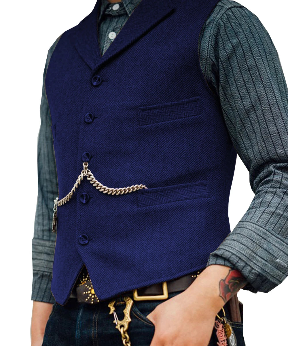 Business Mens Suit Vest Lapel V Neck Wool Herringbone Casual Brown Waistcoat Casual Formal Groomsman Jacket For Wedding Street King Limited