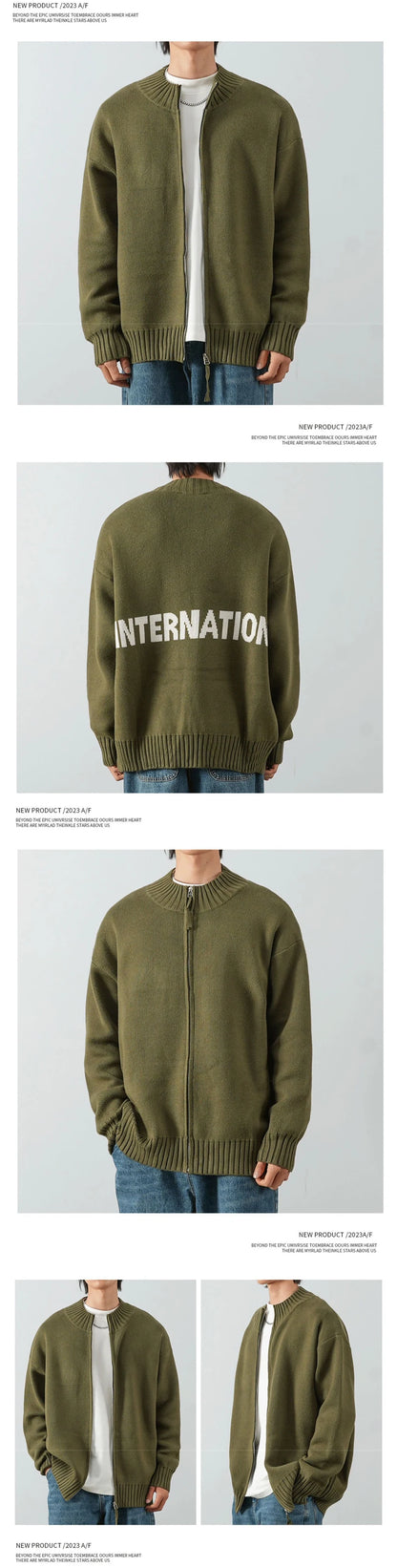 Autumn Solid Solor Zipper Cardigan For Men Letter Printed Crewneck Knitted Sweater Casual Loose Pull Homme Knitwear Jackets Street King Limited