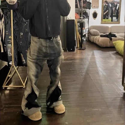 Ro Style Gradient Blue Horn Stacked Floor Dragging Jeans Unisex Streetwear Baggy Y2K Ribbons Zipper Denim Trousers Oversized Street King Limited