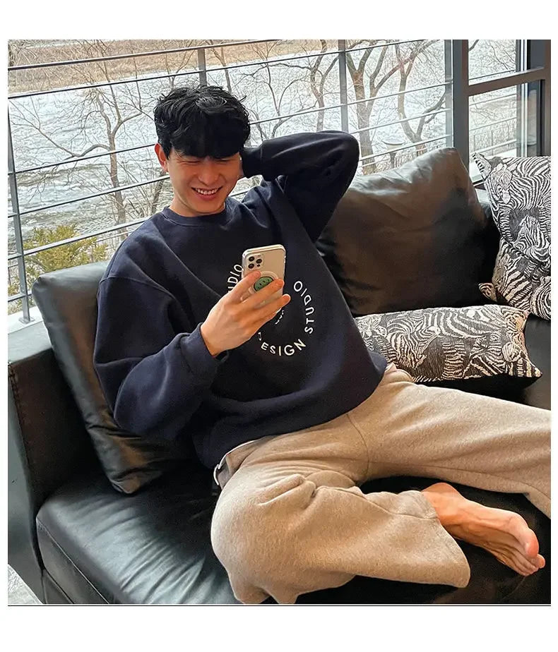 Cotton 2024 autumn and winter Korean style round neck sweatshirt men trendy brand handsome ins loose letter print top jacket emo Street King Limited