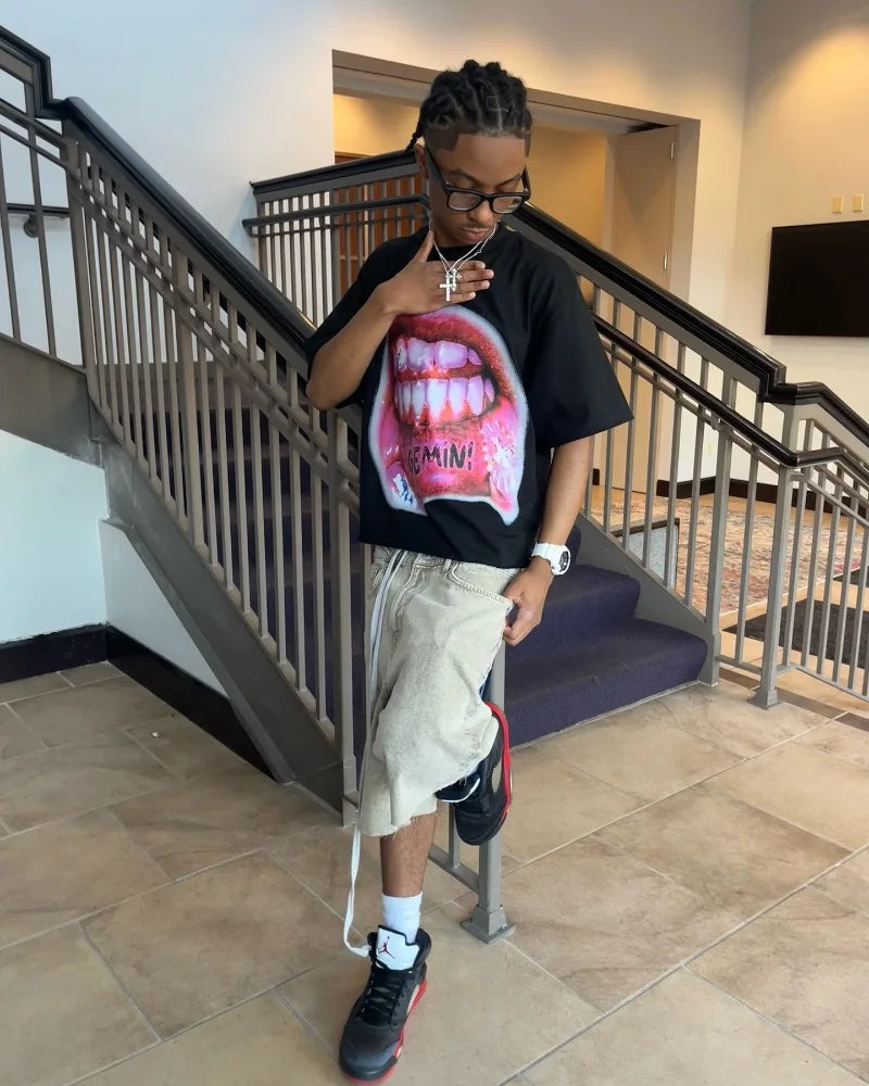 Trendy Gothic Big Mouth Graphic Printed Oversized T-shirt Women's 2024 New Summer Round Neck Loose Harajuku All-match Shirt Top Street King Limited
