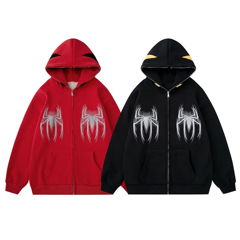 Men Full Zip Up Hooded Sweatshirt Spider Letter Graphic Print Hoodie Gothic Punk Loose Coat Harajuku Hip Hop Streetwear Unisex Street King Limited