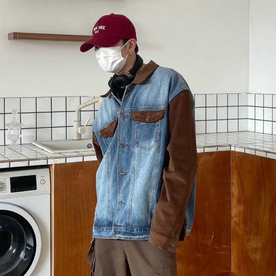 mens patchwork denim jacket spring trend korean retro college lapel color blocked couple coats 2024 high street cowboy cardigan unique jeans style 3365