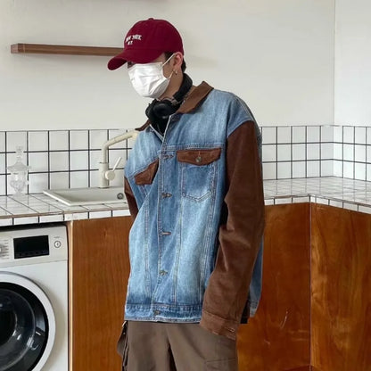 mens patchwork denim jacket spring trend korean retro college lapel color blocked couple coats 2024 high street cowboy cardigan unique jeans style 3365