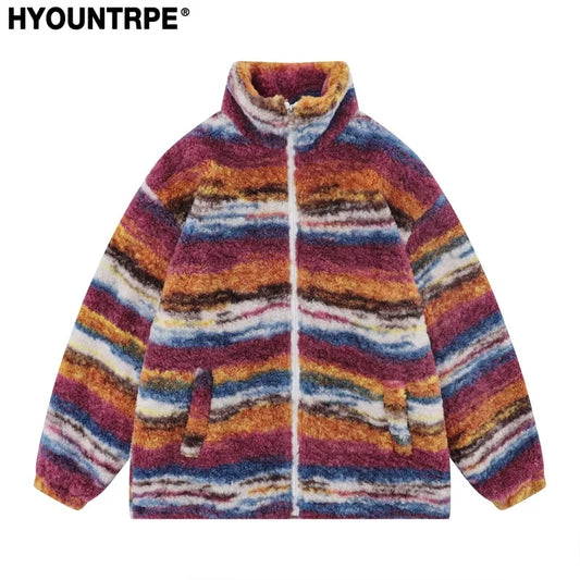 mens casual striped fleece jackets coats new hairy stand collar zipper loose hoodies outerwears winter warm streetwear parkas minimalist street pants