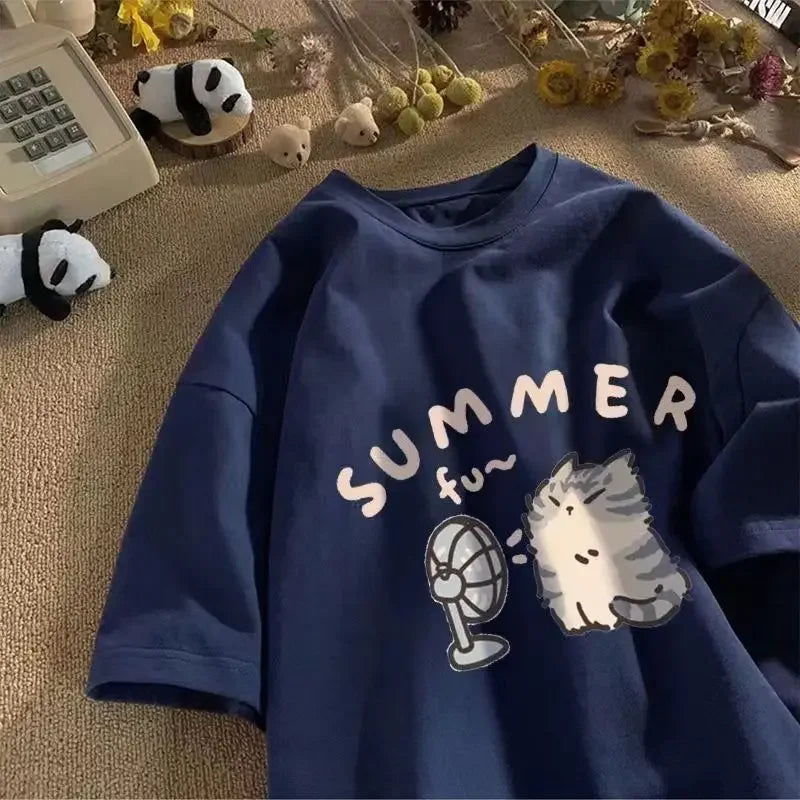 American Street Creative Blow Fan Cat Pure Cotton T-shirt for Men and Women Summer Relaxed Short Sleeve Couple Wear INS Top Street King Limited