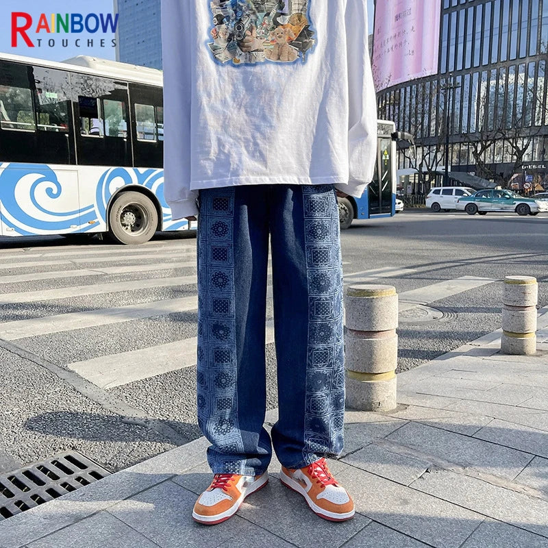 rainbowtouches bandana paisley pants mens high street color matching full print straight hip hop retro legged casual pant unisex menswear bottoms