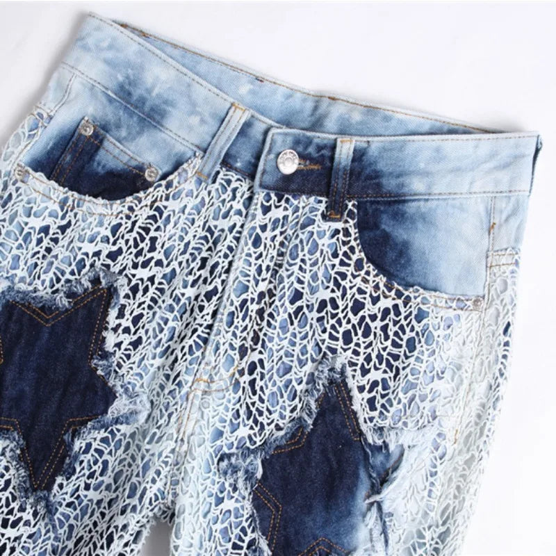 fashion stars patchwork mesh denim jeans new casual slim fit biker trousers skinny jeans men streetwear hip hop pants joggers casual joggers