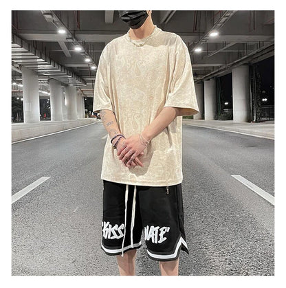 Merican Hip-hop Summer Thin Section Suede Cashew Flower Print Tshirts Tops Men and Women Loose Short-sleeved T-shirts Oversized Street King Limited