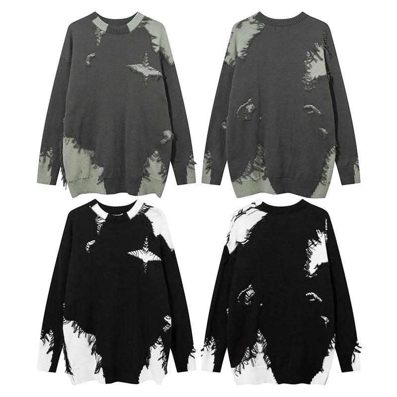 Men Ripped Sweater 2023 Distressed Vintage Graphic Streetwear Hip Hop Knitted Pullover Retro Sweater Loose Knitwear Hipster Street King Limited