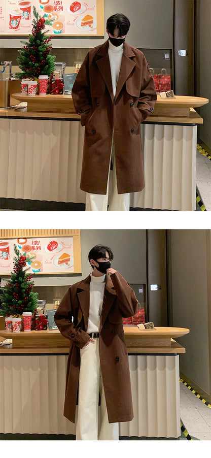 Men's Autumn Winter Mid Length Woolen Coat New Korean Tide Black Thickned Overcoat Long Sleeve Double-breasted Jackets Street King Limited