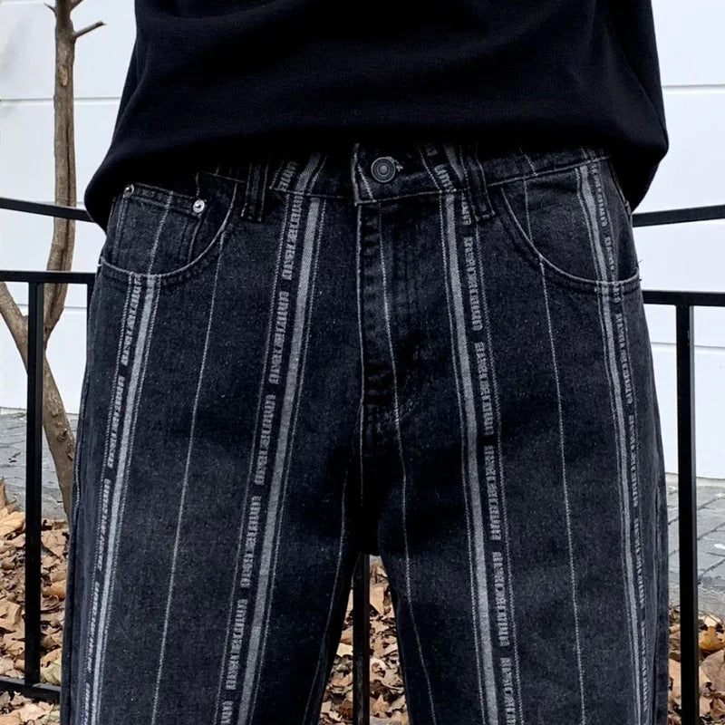 men streetwear brand fashion hip hop loose casual straight stripe motorcycle denim jeans pant cityboy y2k jeans trousers ripped baggy denim