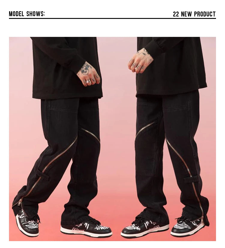 fashion denim straight pants hip hop jeans with zipper streetwear trousers new summer casual joggers men designer jeans for men unique joggers style 139
