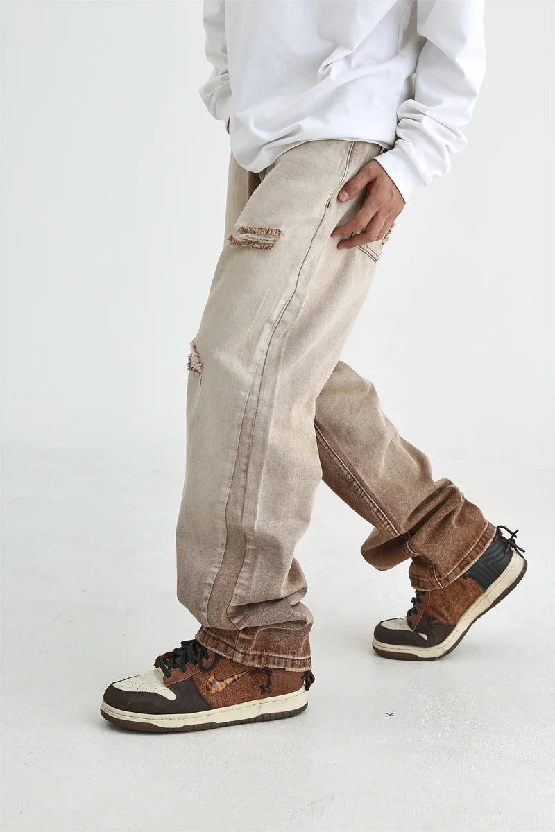 fashion denim jeans mens destoryed holes zipper straight jeans hip hop streetwear spring summer casual joggers jeans men pants unique joggers style 3144