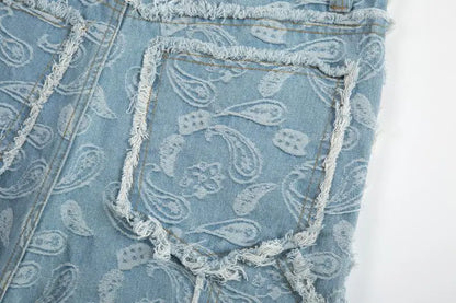 vintage high street washed light blue flared jeans cashew flower jacquard pattern rough edge jeans pants for men and women unique jeans style 934