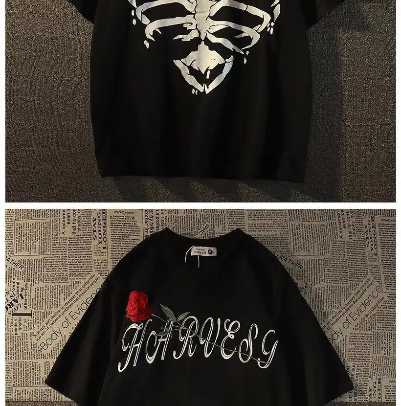 Pure cotton American retro dark skeleton short-sleeved T-shirts for men and women summer ins loose street style couple y2k tops Street King Limited