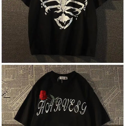 Pure cotton American retro dark skeleton short-sleeved T-shirts for men and women summer ins loose street style couple y2k tops Street King Limited