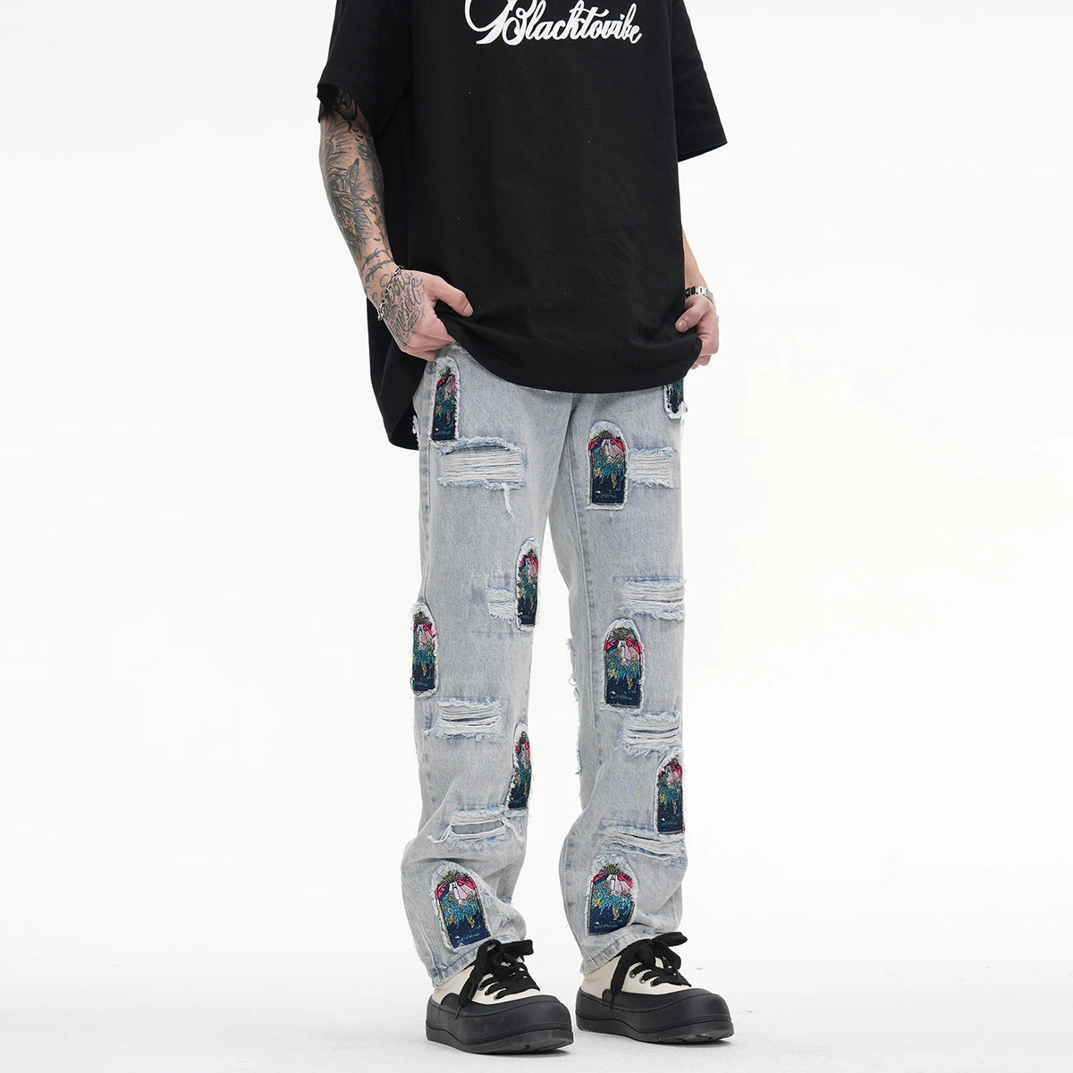 retro patch embroidered pleated jean for men street wear washed destroyed straight patchwork ripped jeans pants baggy hip hop urban skinny jeans