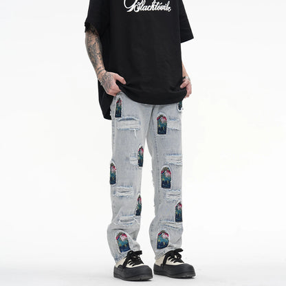 retro patch embroidered pleated jean for men street wear washed destroyed straight patchwork ripped jeans pants baggy hip hop urban skinny jeans