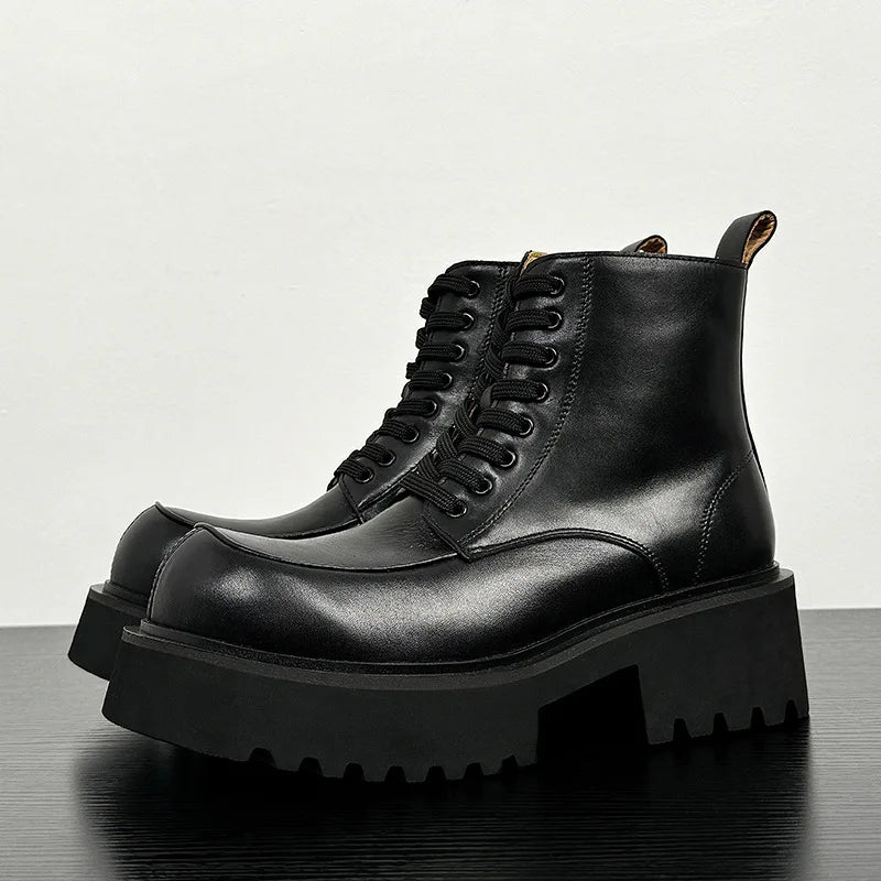 Men's Genuine Leather High Sole Platform Streetwear Fashion Casual Increase Boots Male Punk Gothic Rock Motorcycle Boots Shoes Street King Limited