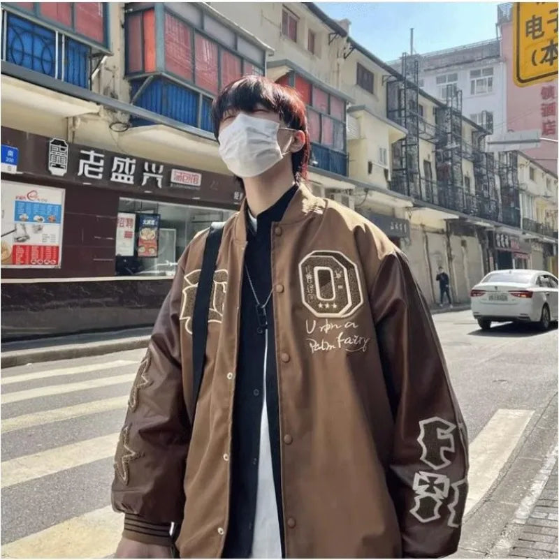 american retro mens baseball uniform street harajuku patchwork leather loose jackets color block towel embroidery trend coats unique default style 2929