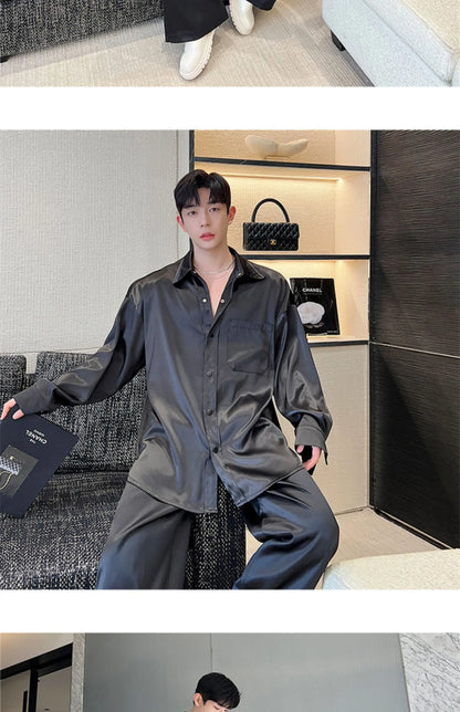 men silk style streetwear fashion loose casual long sleeve shirts pants 2 pieces sets male vintage suits blouses trousers unique default style 2745