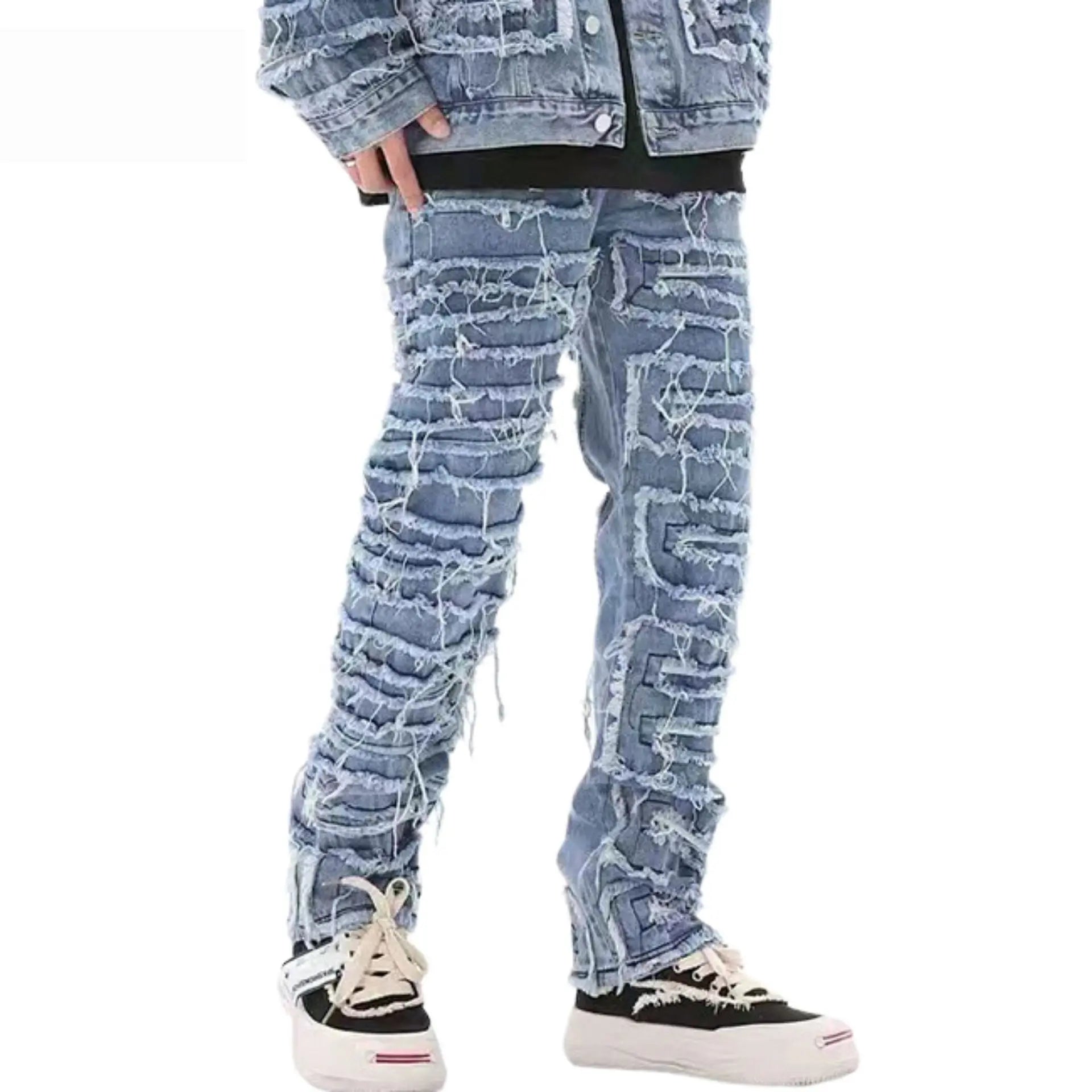 tassel hole spliced european and american straight leg denim pants new popular patch jeans mens wear unique jeans style 303