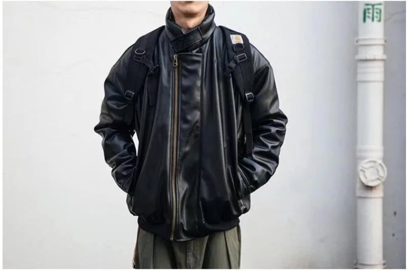 japanese street motorcycle set men thickened stand collar hip hop leather jacket harajuku casual pants 2 pcs bomber suit 2023 unique default style 4354
