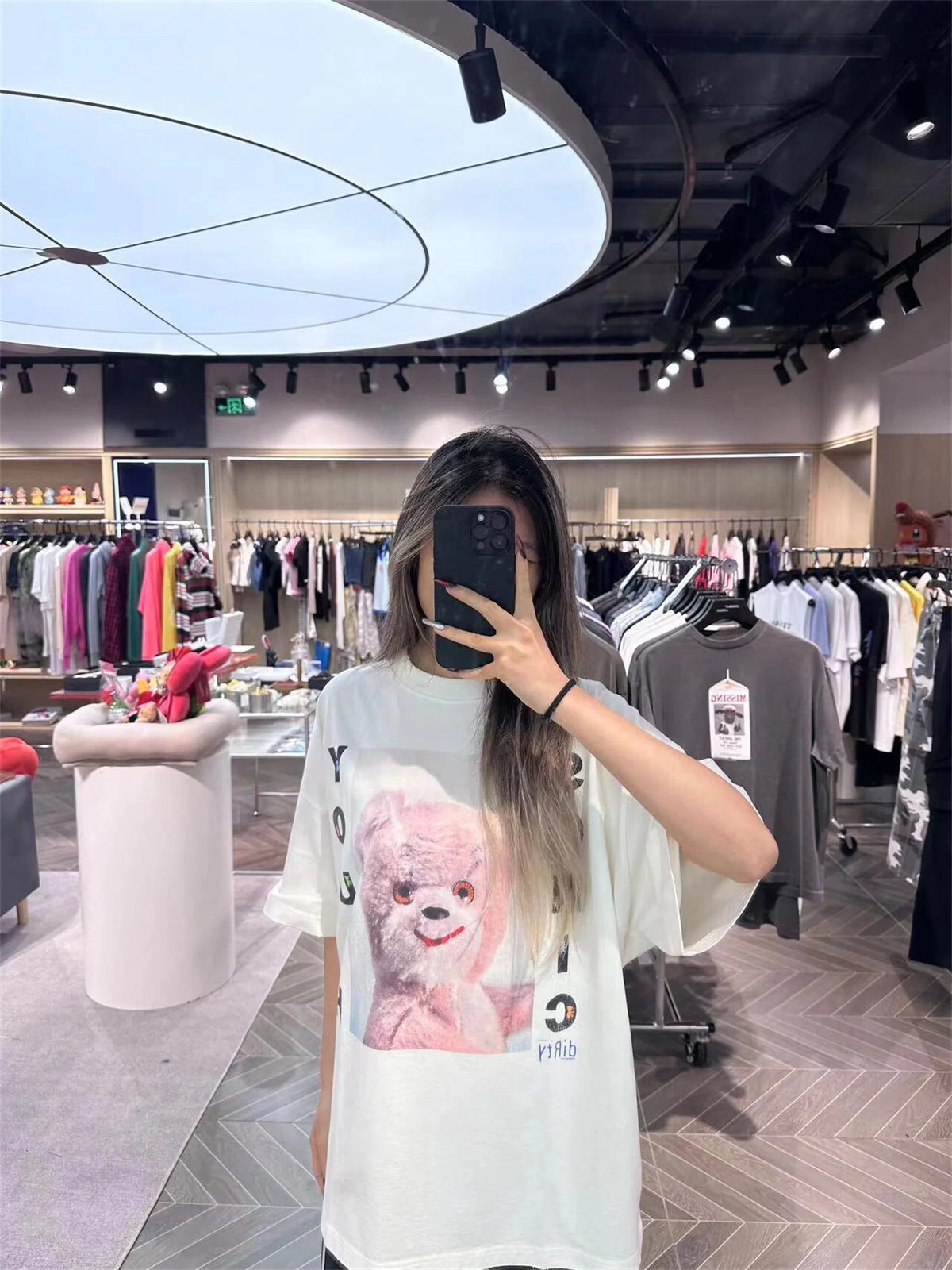Vintage Summer Pink Rock bear Cartoon Distressed Cotton Casual T-Shirt Tops Street King Limited