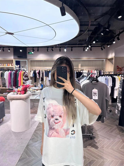 Vintage Summer Pink Rock bear Cartoon Distressed Cotton Casual T-Shirt Tops Street King Limited